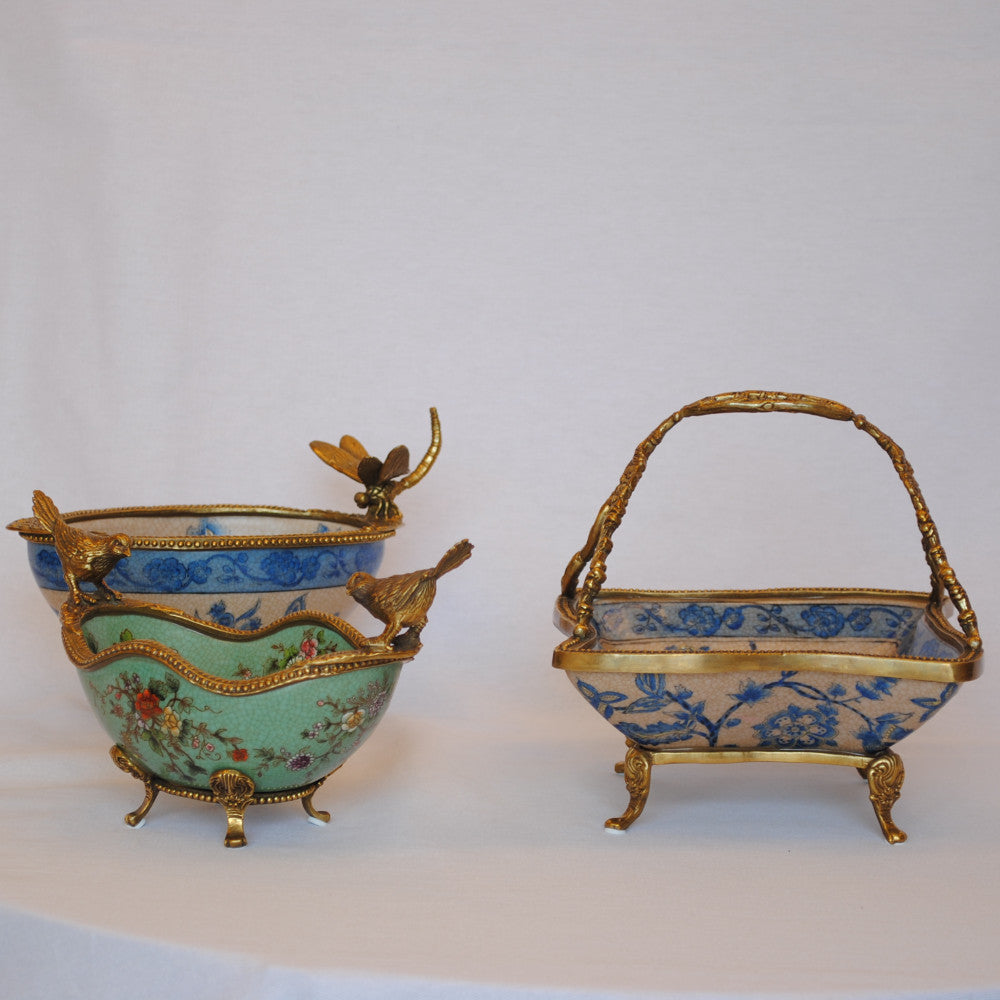 コンポート 鳥 陶磁器 真鍮 小物入れ 脚付き 雑貨 オーバル 楕円 アンティーク調 シノワズリー 菓子器 インテリア雑貨 1564036