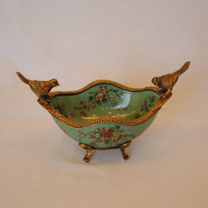 コンポート 鳥 陶磁器 真鍮 小物入れ 脚付き 雑貨 オーバル 楕円 アンティーク調 シノワズリー 菓子器 インテリア雑貨 1564036
