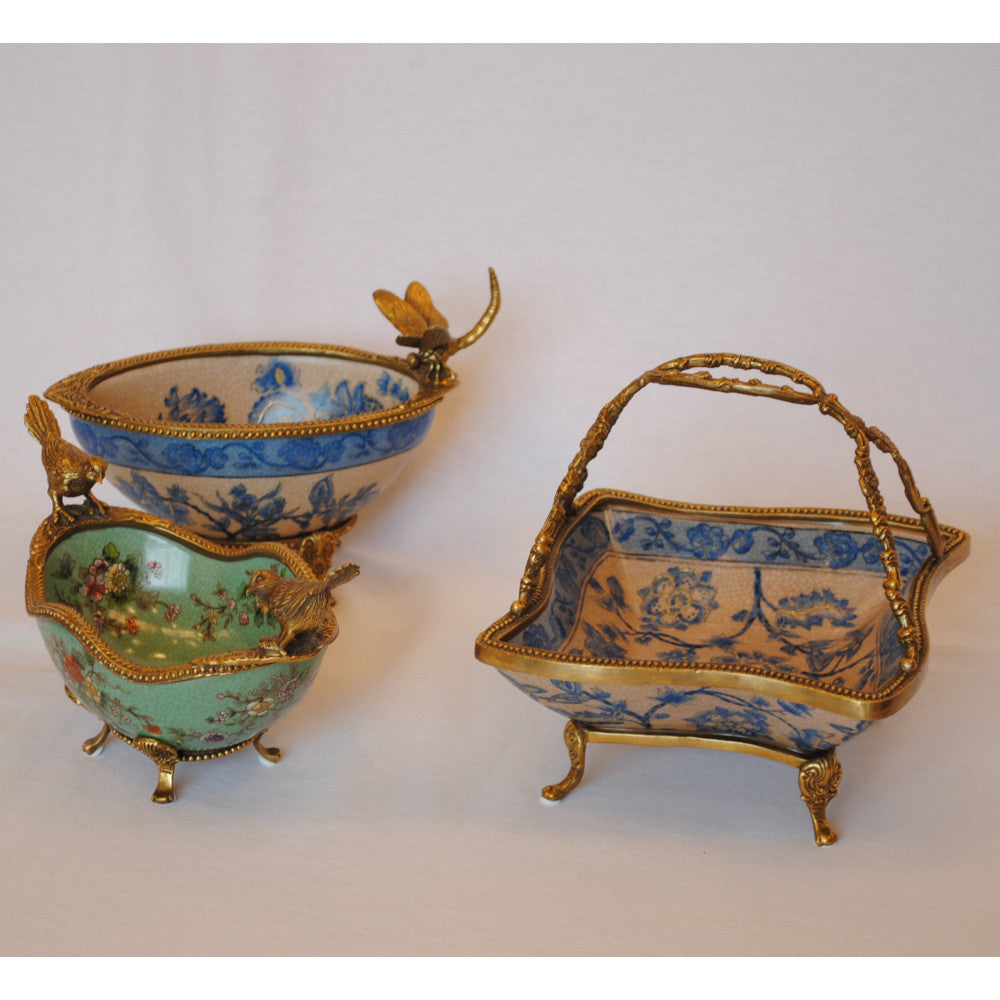 コンポート 鳥 陶磁器 真鍮 小物入れ 脚付き 雑貨 オーバル 楕円 アンティーク調 シノワズリー 菓子器 インテリア雑貨 1564036