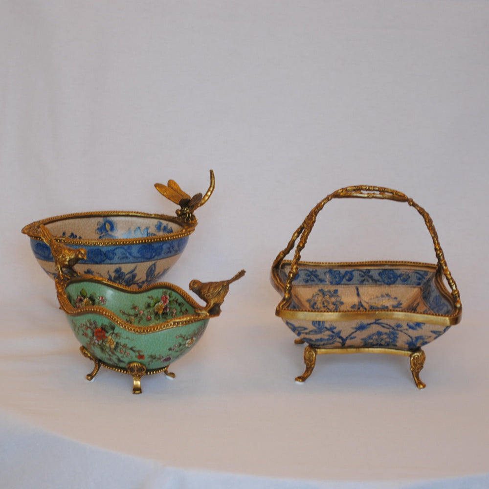 コンポート 鳥 陶磁器 真鍮 小物入れ 脚付き 雑貨 オーバル 楕円 アンティーク調 シノワズリー 菓子器 インテリア雑貨 1564036