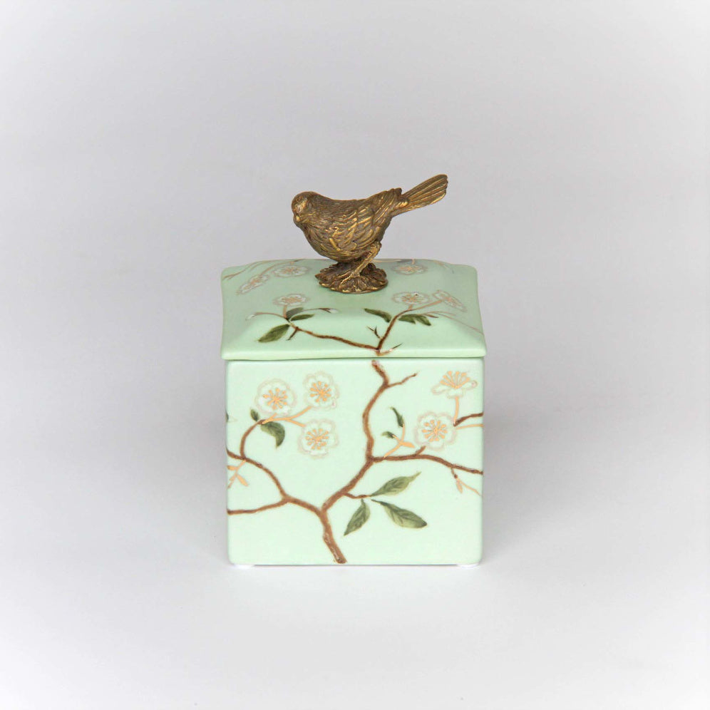ボックス BOX 鳥 陶磁器 真鍮 蓋つき小物入れ 雑貨 桜 アンティーク調 シノワズリー 菓子器 インテリア雑貨 1564037