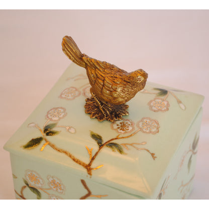 ボックス BOX 鳥 陶磁器 真鍮 蓋つき小物入れ 雑貨 桜 アンティーク調 シノワズリー 菓子器 インテリア雑貨 1564037
