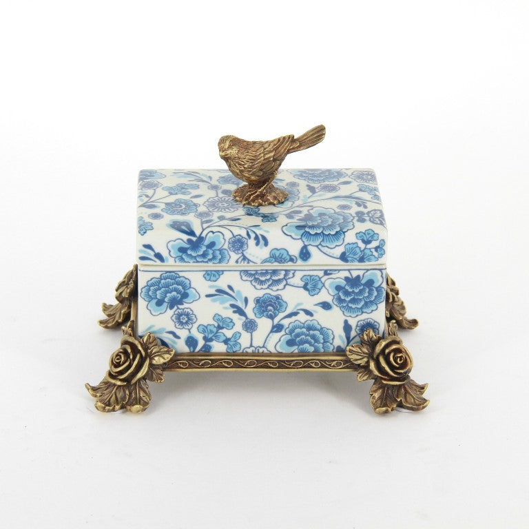 ボックス BOX 陶磁器 真鍮 小物入れ コットンパッドボックス 脚付き 雑貨 バラ 鳥 アンティーク調 シノワズリー 収納箱 インテリア雑貨 1564038