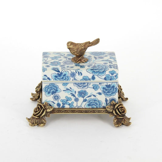 ボックス BOX 陶磁器 真鍮 小物入れ コットンパッドボックス 脚付き 雑貨 バラ 鳥 アンティーク調 シノワズリー 収納箱 インテリア雑貨 1564038