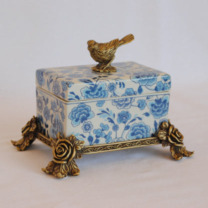 ボックス BOX 陶磁器 真鍮 小物入れ コットンパッドボックス 脚付き 雑貨 バラ 鳥 アンティーク調 シノワズリー 収納箱 インテリア雑貨 1564038