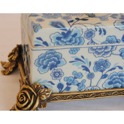 ボックス BOX 陶磁器 真鍮 小物入れ コットンパッドボックス 脚付き 雑貨 バラ 鳥 アンティーク調 シノワズリー 収納箱 インテリア雑貨 1564038