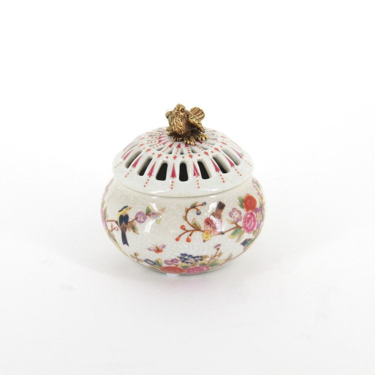 香炉 BOX 陶磁器 真鍮 小物入れ 球型 陶器 雑貨 バラ 鳥 花鳥 アンティーク調 シノワズリー 収納箱 インテリア雑貨 1564039