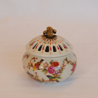 香炉 BOX 陶磁器 真鍮 小物入れ 球型 陶器 雑貨 バラ 鳥 花鳥 アンティーク調 シノワズリー 収納箱 インテリア雑貨 1564039