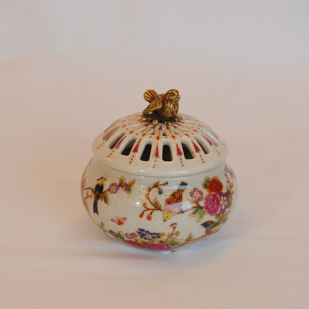 香炉 BOX 陶磁器 真鍮 小物入れ 球型 陶器 雑貨 バラ 鳥 花鳥 アンティーク調 シノワズリー 収納箱 インテリア雑貨 1564039