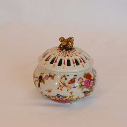 香炉 BOX 陶磁器 真鍮 小物入れ 球型 陶器 雑貨 バラ 鳥 花鳥 アンティーク調 シノワズリー 収納箱 インテリア雑貨 1564039