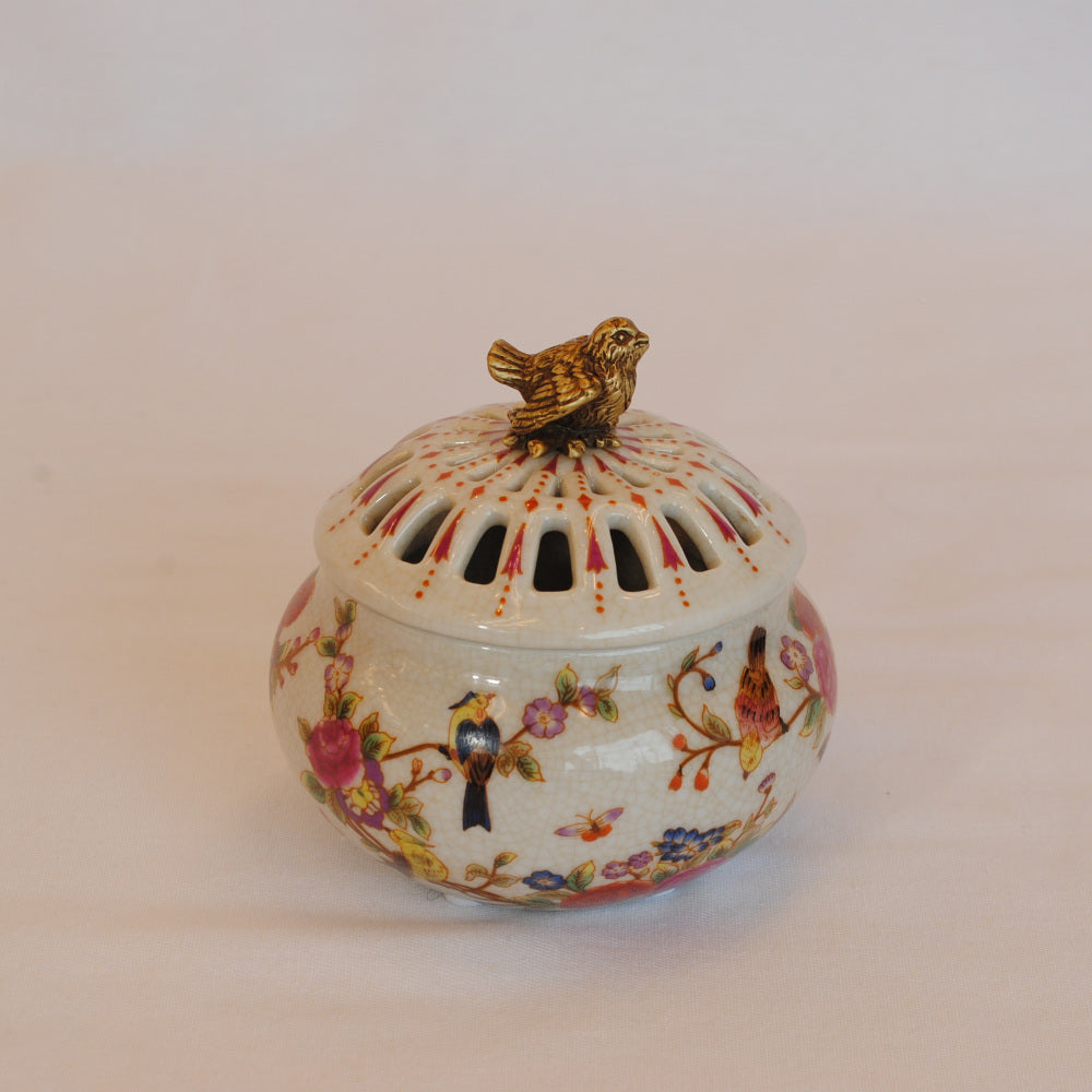 香炉 BOX 陶磁器 真鍮 小物入れ 球型 陶器 雑貨 バラ 鳥 花鳥 アンティーク調 シノワズリー 収納箱 インテリア雑貨 1564039