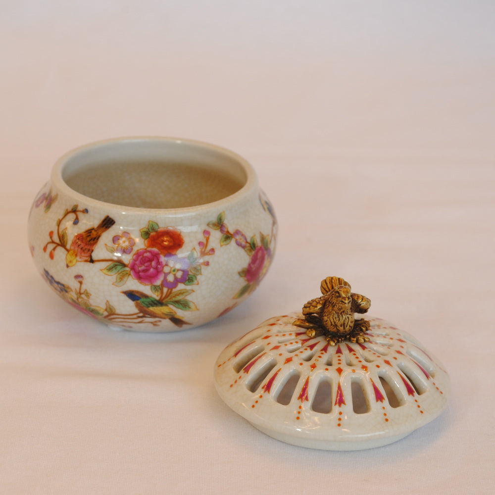 香炉 BOX 陶磁器 真鍮 小物入れ 球型 陶器 雑貨 バラ 鳥 花鳥 アンティーク調 シノワズリー 収納箱 インテリア雑貨 1564039