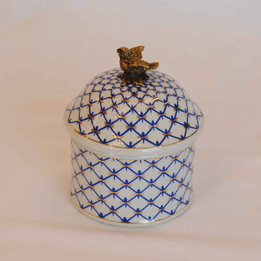 小物入れ BOX 蓋付ボックス コットンパッドホルダー 陶磁器 真鍮 小物入れ 円柱型 陶器 雑貨 アラベスク アンティーク調 シノワズリー インテリア雑貨 1564040