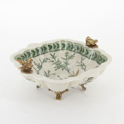 プレート トレイ 陶磁器 真鍮 脚付き小物入れ コンポート 脚付き 雑貨 花鳥柄 アンティーク調 シノワズリー 収納箱 インテリア雑貨 1564041