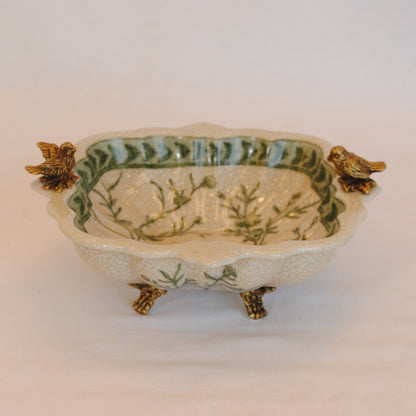 プレート トレイ 陶磁器 真鍮 脚付き小物入れ コンポート 脚付き 雑貨 花鳥柄 アンティーク調 シノワズリー 収納箱 インテリア雑貨 1564041