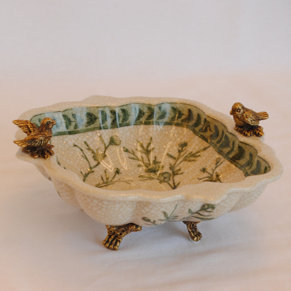 プレート トレイ 陶磁器 真鍮 脚付き小物入れ コンポート 脚付き 雑貨 花鳥柄 アンティーク調 シノワズリー 収納箱 インテリア雑貨 1564041