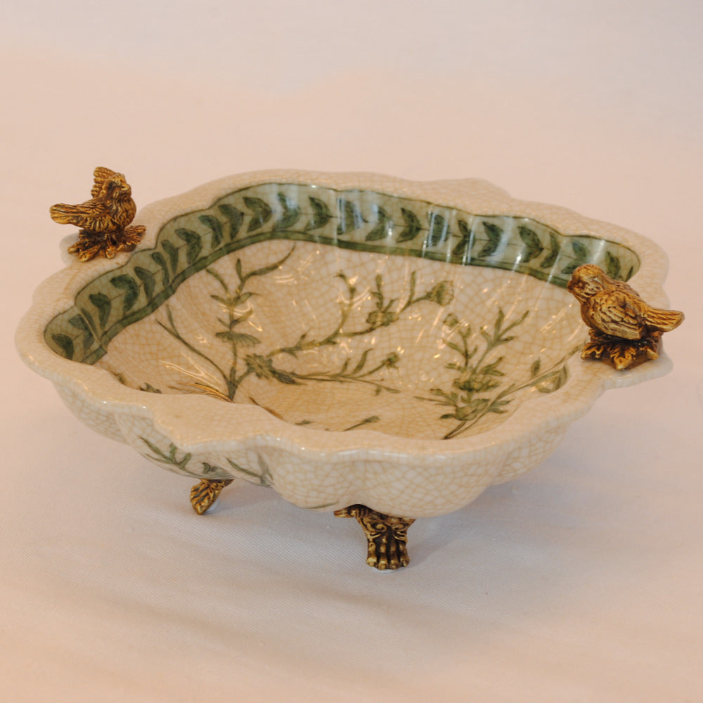 プレート トレイ 陶磁器 真鍮 脚付き小物入れ コンポート 脚付き 雑貨 花鳥柄 アンティーク調 シノワズリー 収納箱 インテリア雑貨 1564041