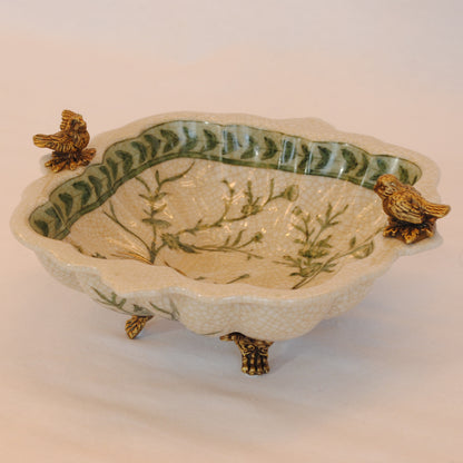 プレート トレイ 陶磁器 真鍮 脚付き小物入れ コンポート 脚付き 雑貨 花鳥柄 アンティーク調 シノワズリー 収納箱 インテリア雑貨 1564041