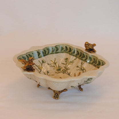 プレート トレイ 陶磁器 真鍮 脚付き小物入れ コンポート 脚付き 雑貨 花鳥柄 アンティーク調 シノワズリー 収納箱 インテリア雑貨 1564041