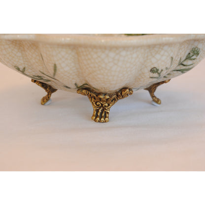 プレート トレイ 陶磁器 真鍮 脚付き小物入れ コンポート 脚付き 雑貨 花鳥柄 アンティーク調 シノワズリー 収納箱 インテリア雑貨 1564041