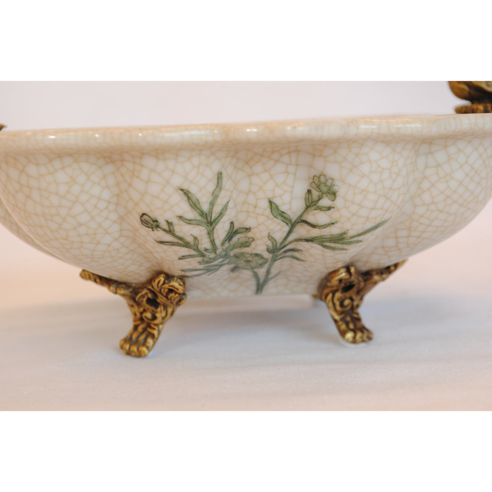 プレート トレイ 陶磁器 真鍮 脚付き小物入れ コンポート 脚付き 雑貨 花鳥柄 アンティーク調 シノワズリー 収納箱 インテリア雑貨 1564041