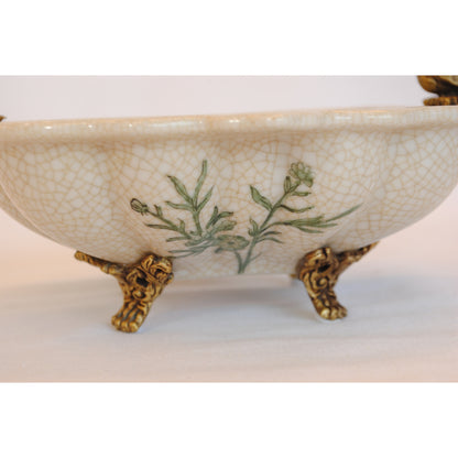 プレート トレイ 陶磁器 真鍮 脚付き小物入れ コンポート 脚付き 雑貨 花鳥柄 アンティーク調 シノワズリー 収納箱 インテリア雑貨 1564041