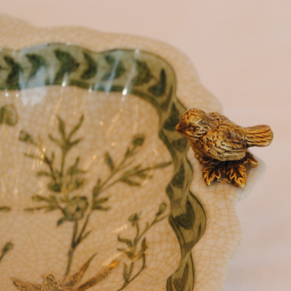 プレート トレイ 陶磁器 真鍮 脚付き小物入れ コンポート 脚付き 雑貨 花鳥柄 アンティーク調 シノワズリー 収納箱 インテリア雑貨 1564041