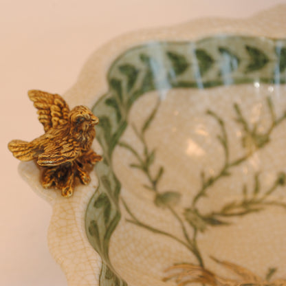 プレート トレイ 陶磁器 真鍮 脚付き小物入れ コンポート 脚付き 雑貨 花鳥柄 アンティーク調 シノワズリー 収納箱 インテリア雑貨 1564041