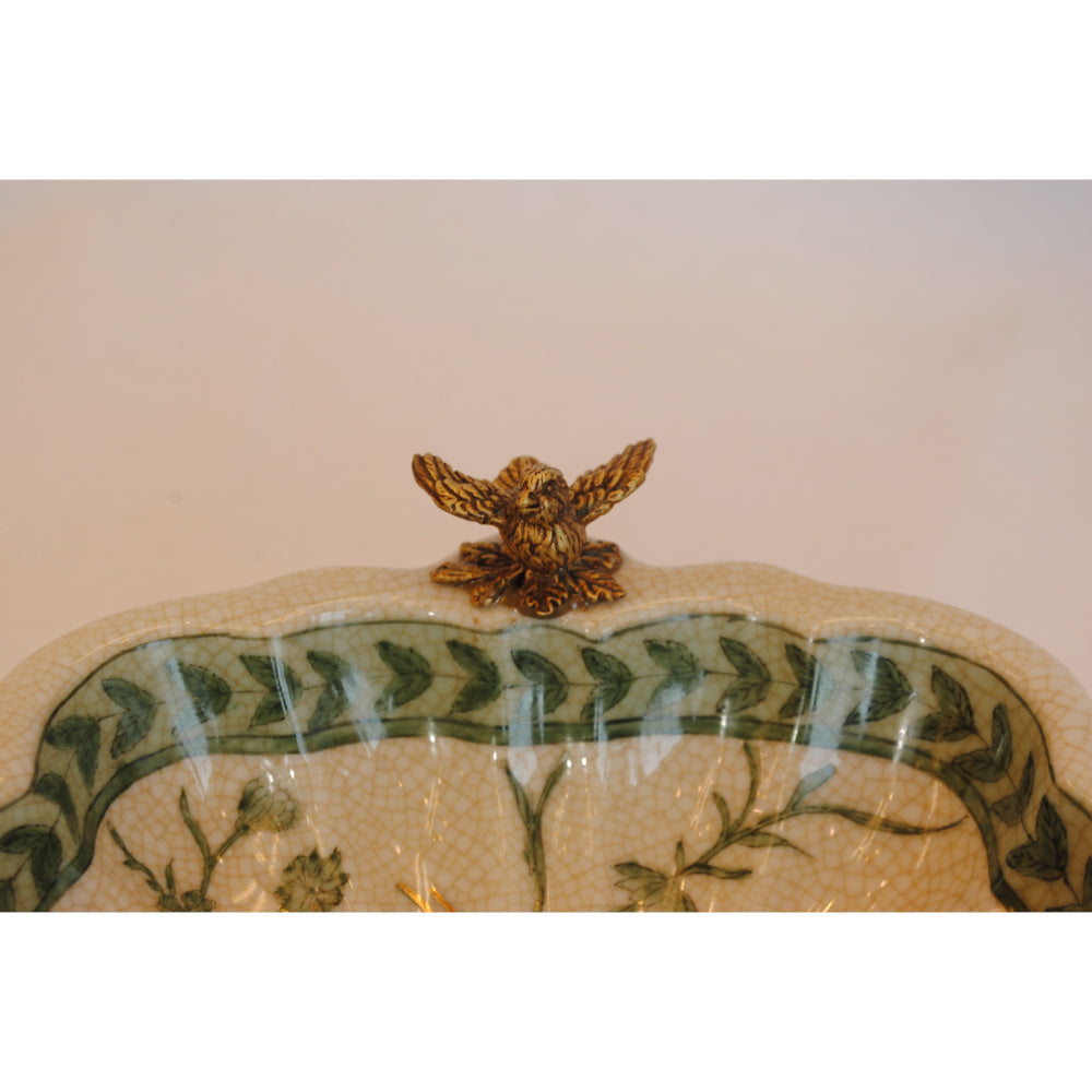 プレート トレイ 陶磁器 真鍮 脚付き小物入れ コンポート 脚付き 雑貨 花鳥柄 アンティーク調 シノワズリー 収納箱 インテリア雑貨 1564041