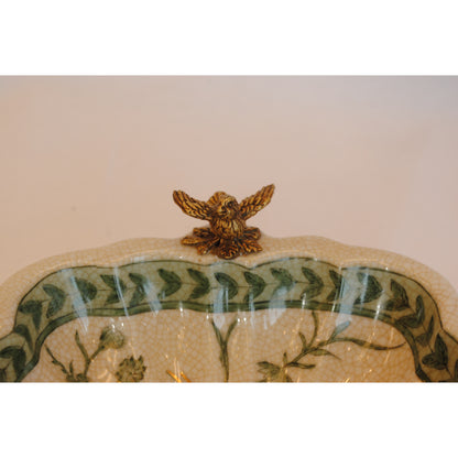 プレート トレイ 陶磁器 真鍮 脚付き小物入れ コンポート 脚付き 雑貨 花鳥柄 アンティーク調 シノワズリー 収納箱 インテリア雑貨 1564041