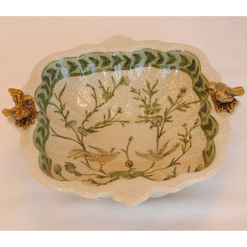 プレート トレイ 陶磁器 真鍮 脚付き小物入れ コンポート 脚付き 雑貨 花鳥柄 アンティーク調 シノワズリー 収納箱 インテリア雑貨 1564041