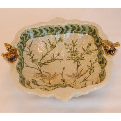 プレート トレイ 陶磁器 真鍮 脚付き小物入れ コンポート 脚付き 雑貨 花鳥柄 アンティーク調 シノワズリー 収納箱 インテリア雑貨 1564041