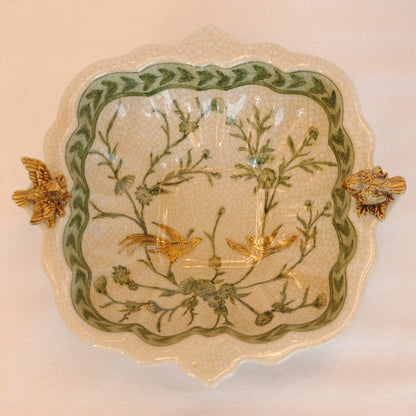 プレート トレイ 陶磁器 真鍮 脚付き小物入れ コンポート 脚付き 雑貨 花鳥柄 アンティーク調 シノワズリー 収納箱 インテリア雑貨 1564041