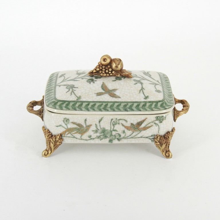 ボックス BOX 蓋付ボックス 陶磁器 真鍮 脚付き小物入れ 蓋付BOX 脚付き 雑貨 花鳥柄 アンティーク調 シノワズリー 収納箱 インテリア雑貨 1564043