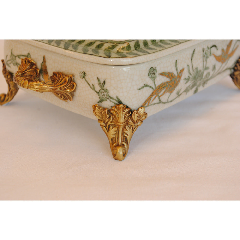 ボックス BOX 蓋付ボックス 陶磁器 真鍮 脚付き小物入れ 蓋付BOX 脚付き 雑貨 花鳥柄 アンティーク調 シノワズリー 収納箱 インテリア雑貨 1564043