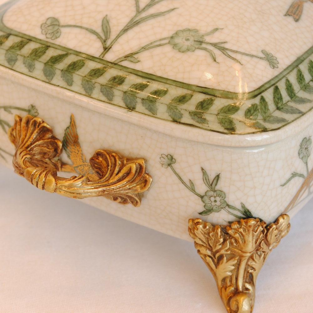 ボックス BOX 蓋付ボックス 陶磁器 真鍮 脚付き小物入れ 蓋付BOX 脚付き 雑貨 花鳥柄 アンティーク調 シノワズリー 収納箱 インテリア雑貨 1564043