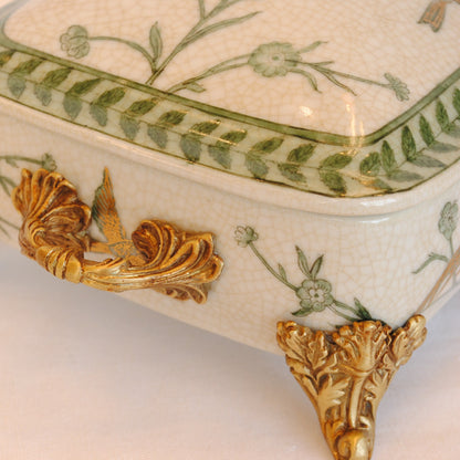 ボックス BOX 蓋付ボックス 陶磁器 真鍮 脚付き小物入れ 蓋付BOX 脚付き 雑貨 花鳥柄 アンティーク調 シノワズリー 収納箱 インテリア雑貨 1564043