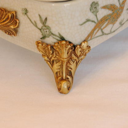 ボックス BOX 蓋付ボックス 陶磁器 真鍮 脚付き小物入れ 蓋付BOX 脚付き 雑貨 花鳥柄 アンティーク調 シノワズリー 収納箱 インテリア雑貨 1564043