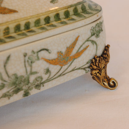 ボックス BOX 蓋付ボックス 陶磁器 真鍮 脚付き小物入れ 蓋付BOX 脚付き 雑貨 花鳥柄 アンティーク調 シノワズリー 収納箱 インテリア雑貨 1564043