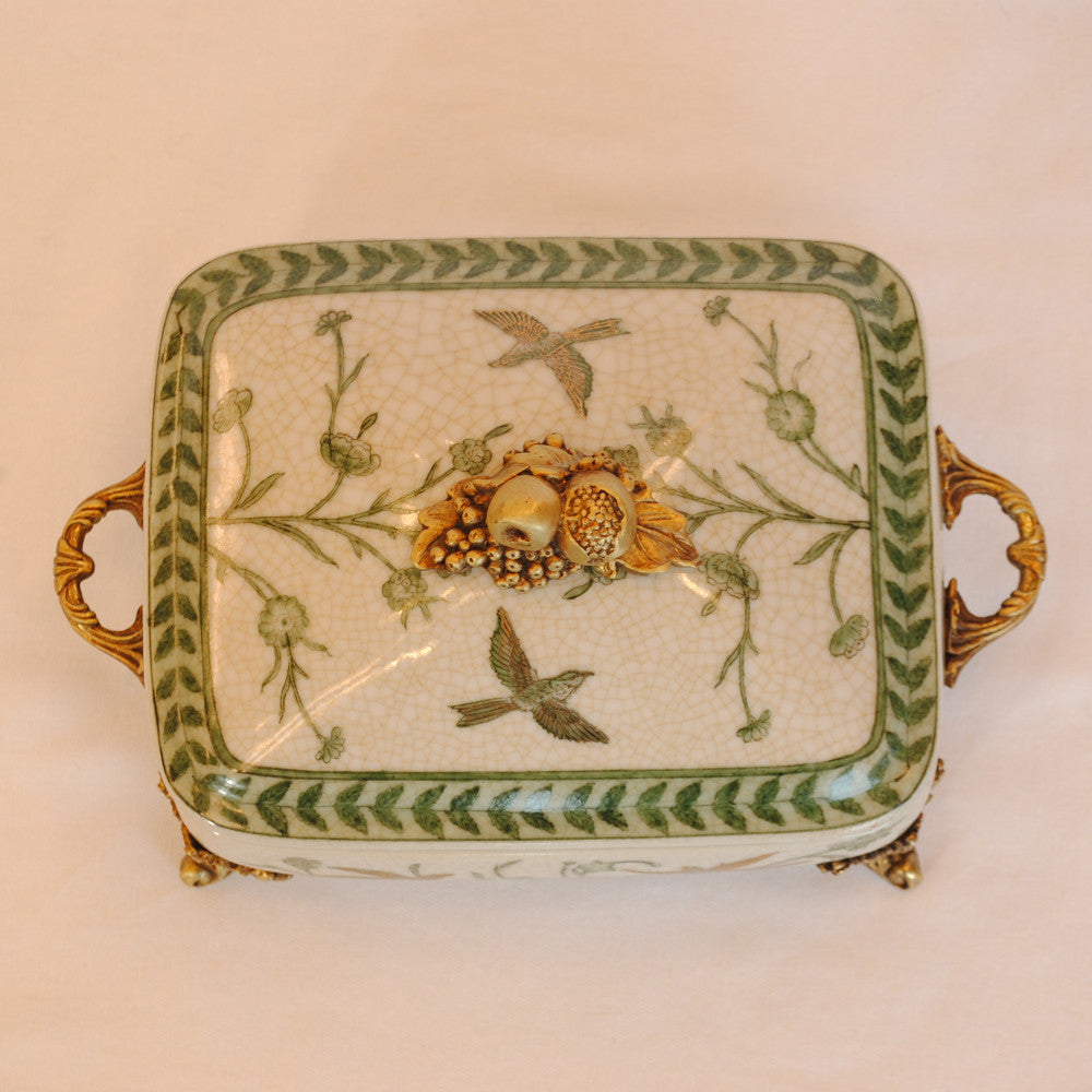 ボックス BOX 蓋付ボックス 陶磁器 真鍮 脚付き小物入れ 蓋付BOX 脚付き 雑貨 花鳥柄 アンティーク調 シノワズリー 収納箱 インテリア雑貨 1564043