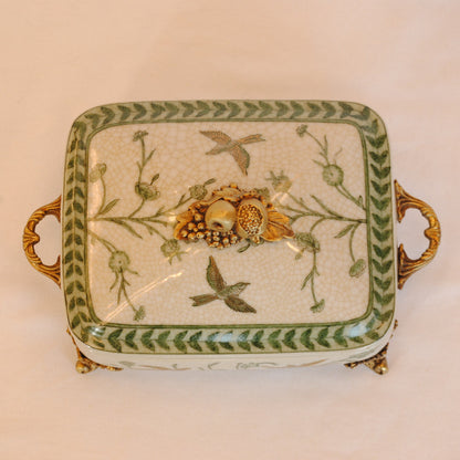 ボックス BOX 蓋付ボックス 陶磁器 真鍮 脚付き小物入れ 蓋付BOX 脚付き 雑貨 花鳥柄 アンティーク調 シノワズリー 収納箱 インテリア雑貨 1564043