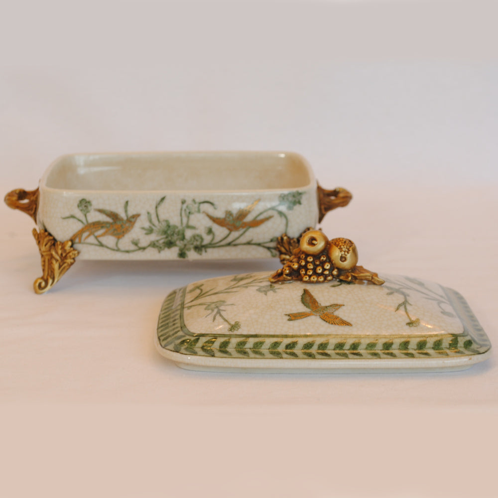 ボックス BOX 蓋付ボックス 陶磁器 真鍮 脚付き小物入れ 蓋付BOX 脚付き 雑貨 花鳥柄 アンティーク調 シノワズリー 収納箱 インテリア雑貨 1564043