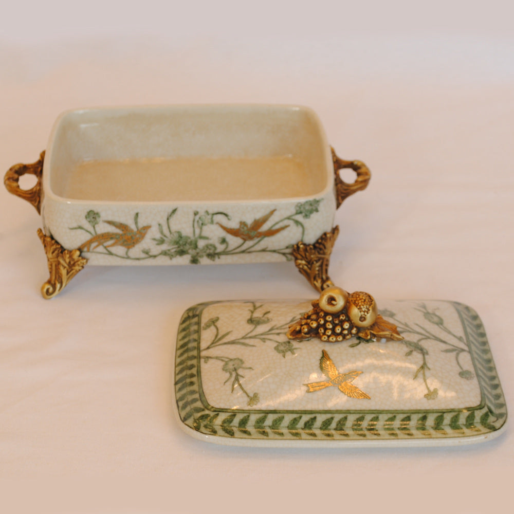 ボックス BOX 蓋付ボックス 陶磁器 真鍮 脚付き小物入れ 蓋付BOX 脚付き 雑貨 花鳥柄 アンティーク調 シノワズリー 収納箱 インテリア雑貨 1564043