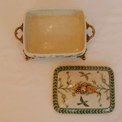 ボックス BOX 蓋付ボックス 陶磁器 真鍮 脚付き小物入れ 蓋付BOX 脚付き 雑貨 花鳥柄 アンティーク調 シノワズリー 収納箱 インテリア雑貨 1564043