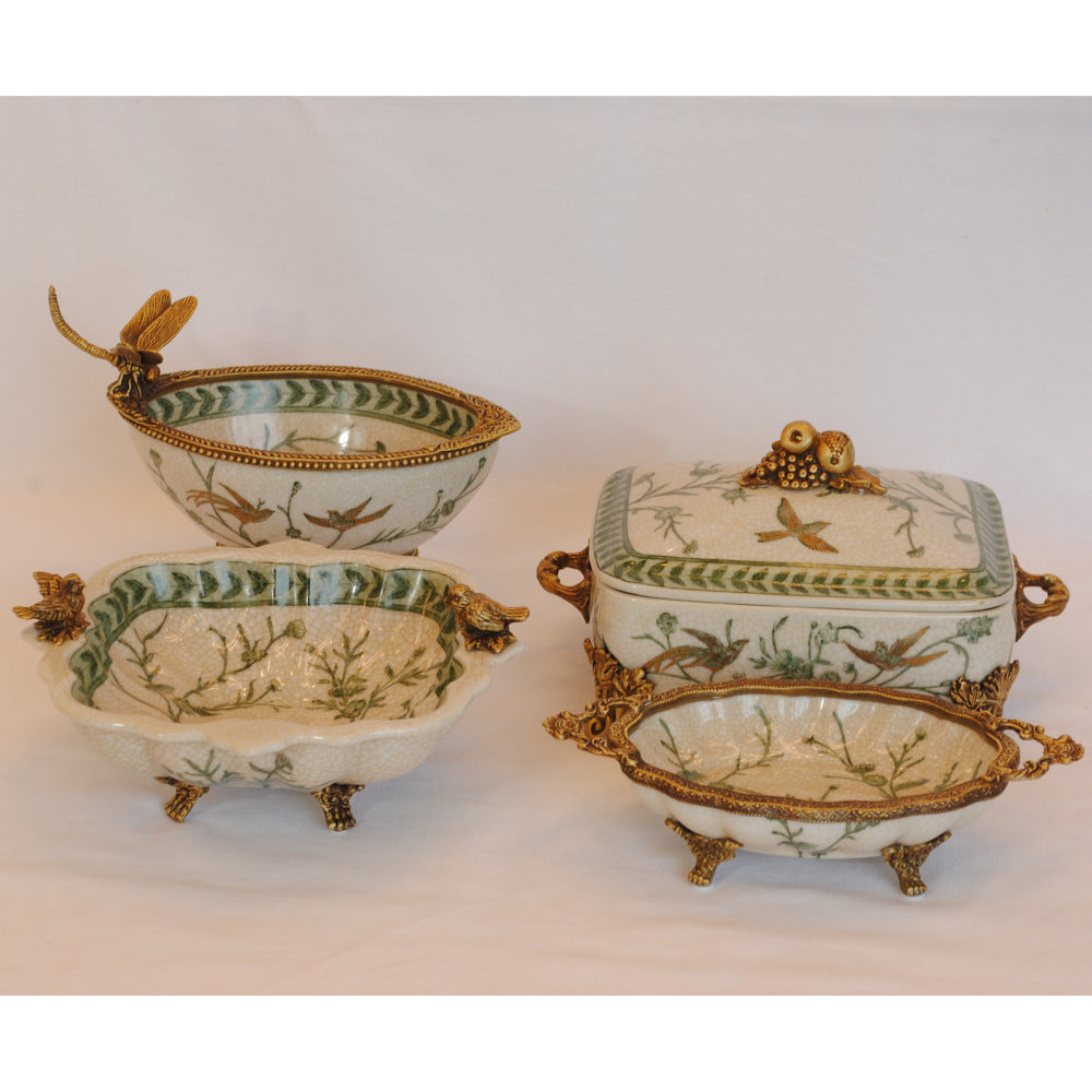 ボックス BOX 蓋付ボックス 陶磁器 真鍮 脚付き小物入れ 蓋付BOX 脚付き 雑貨 花鳥柄 アンティーク調 シノワズリー 収納箱 インテリア雑貨 1564043