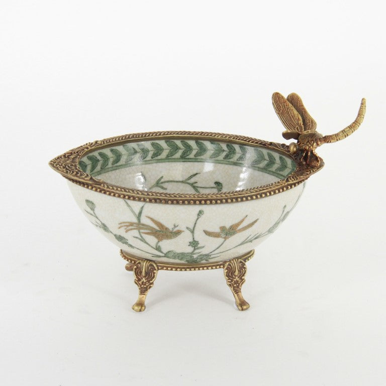 コンポート トンボ 陶磁器 真鍮 小物入れ 脚付き 雑貨 ソープディッシュ アンティーク調 シノワズリー 収納箱 インテリア雑貨 1564044