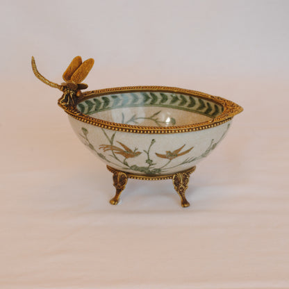 コンポート トンボ 陶磁器 真鍮 小物入れ 脚付き 雑貨 ソープディッシュ アンティーク調 シノワズリー 収納箱 インテリア雑貨 1564044