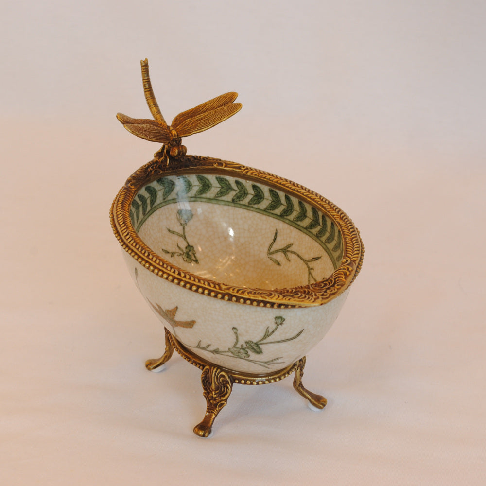 コンポート トンボ 陶磁器 真鍮 小物入れ 脚付き 雑貨 ソープディッシュ アンティーク調 シノワズリー 収納箱 インテリア雑貨 1564044