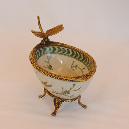 コンポート トンボ 陶磁器 真鍮 小物入れ 脚付き 雑貨 ソープディッシュ アンティーク調 シノワズリー 収納箱 インテリア雑貨 1564044