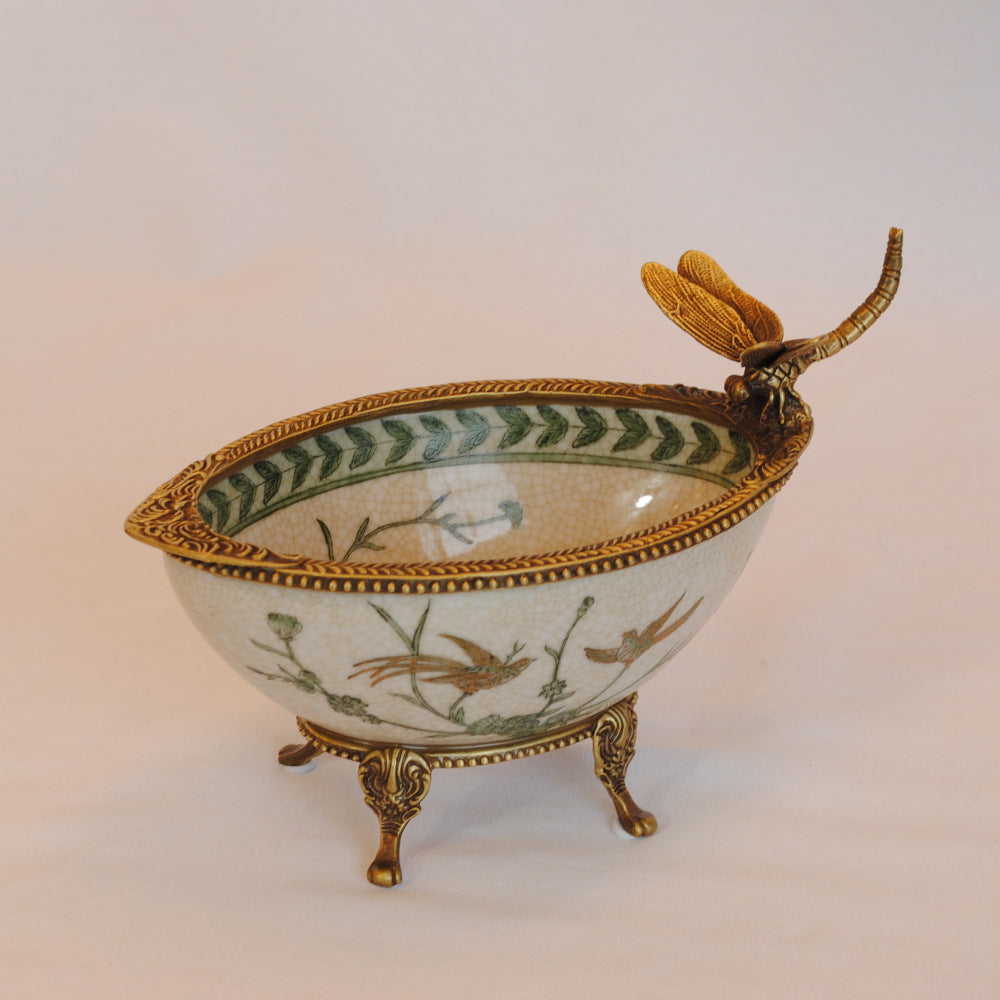 コンポート トンボ 陶磁器 真鍮 小物入れ 脚付き 雑貨 ソープディッシュ アンティーク調 シノワズリー 収納箱 インテリア雑貨 1564044